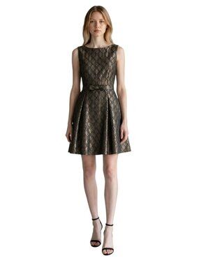 ModCloth Fit and Flare Metallic Black Gold Sleeveless Bow Front Dress
